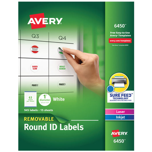 Avery Multiuse Removable 1" Round Labels with Sure Feed, 945 Small White Labels for Organization and Storage (6450)
