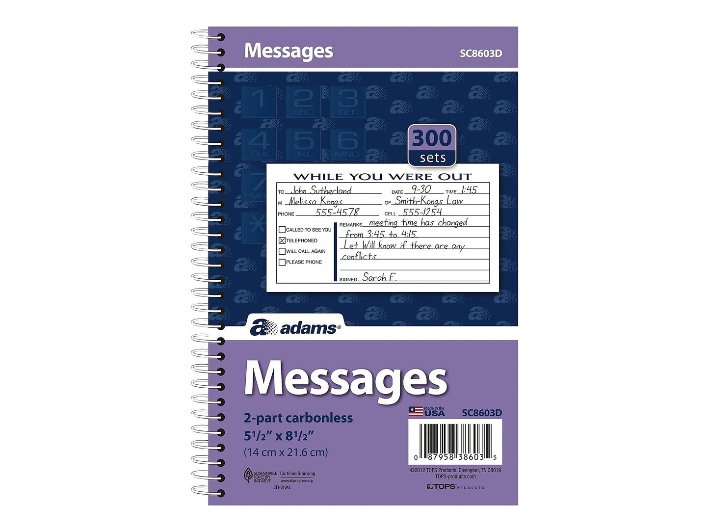 Adams Phone Message Book, 8.5 x 5.25 Inch, Spiral Bound, 2-Part, Carbonless, 3 Messages per Page, 300 Sets, White and Canary (SC8603D)