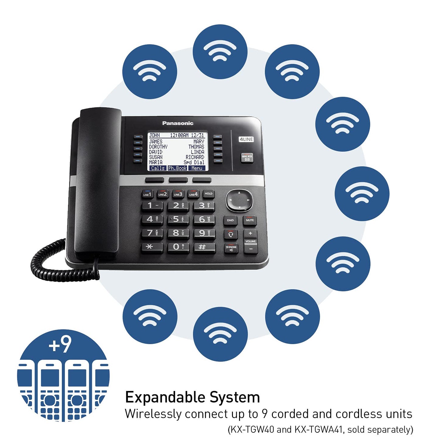 Panasonic Office Phone System, Corded Base Station with 4-Lines Expandable with Up to 10 Compatible Panasonic Business Phones Wirelessly - KX-TGW420B (Black)