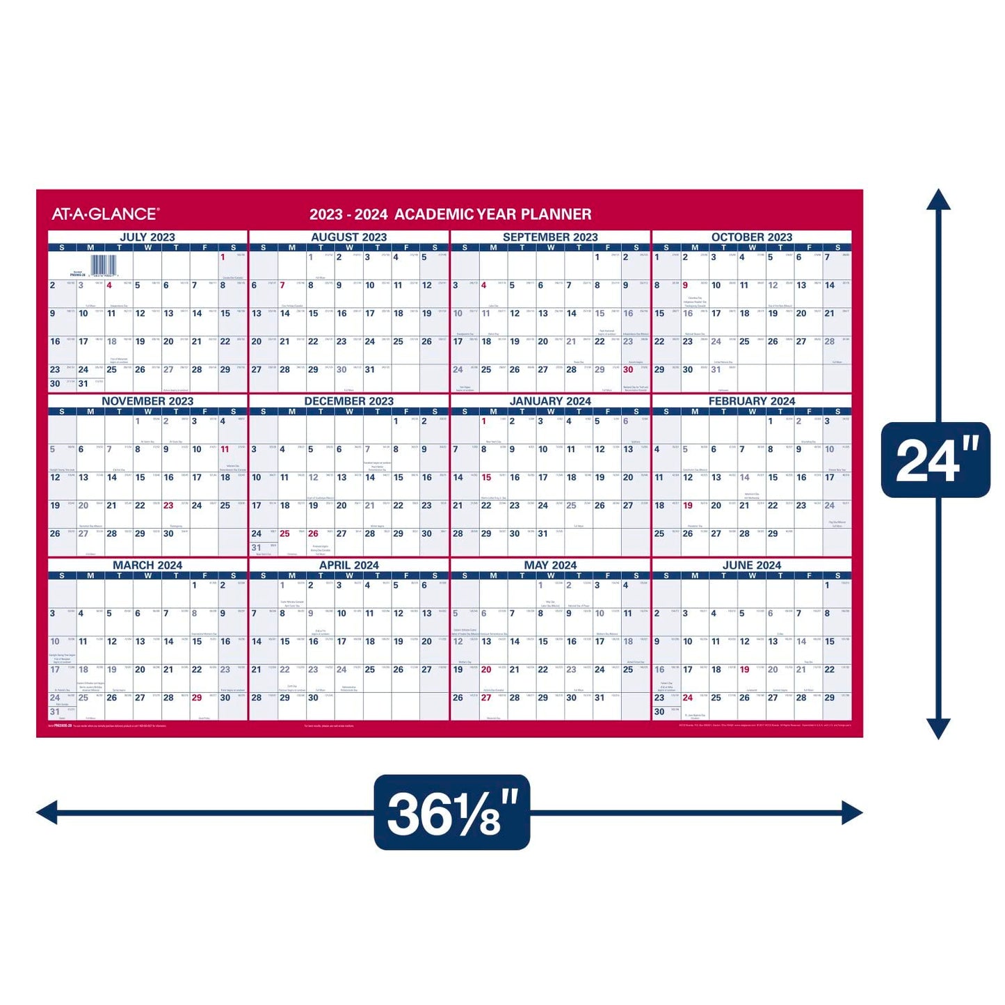 AT-A-GLANCE 2023-2024 Erasable Calendar, Dry Erase Wall Planner, 36" x 24", Large, Academic & Regular Year, Double Sided, Horizontal (PM200S2824)