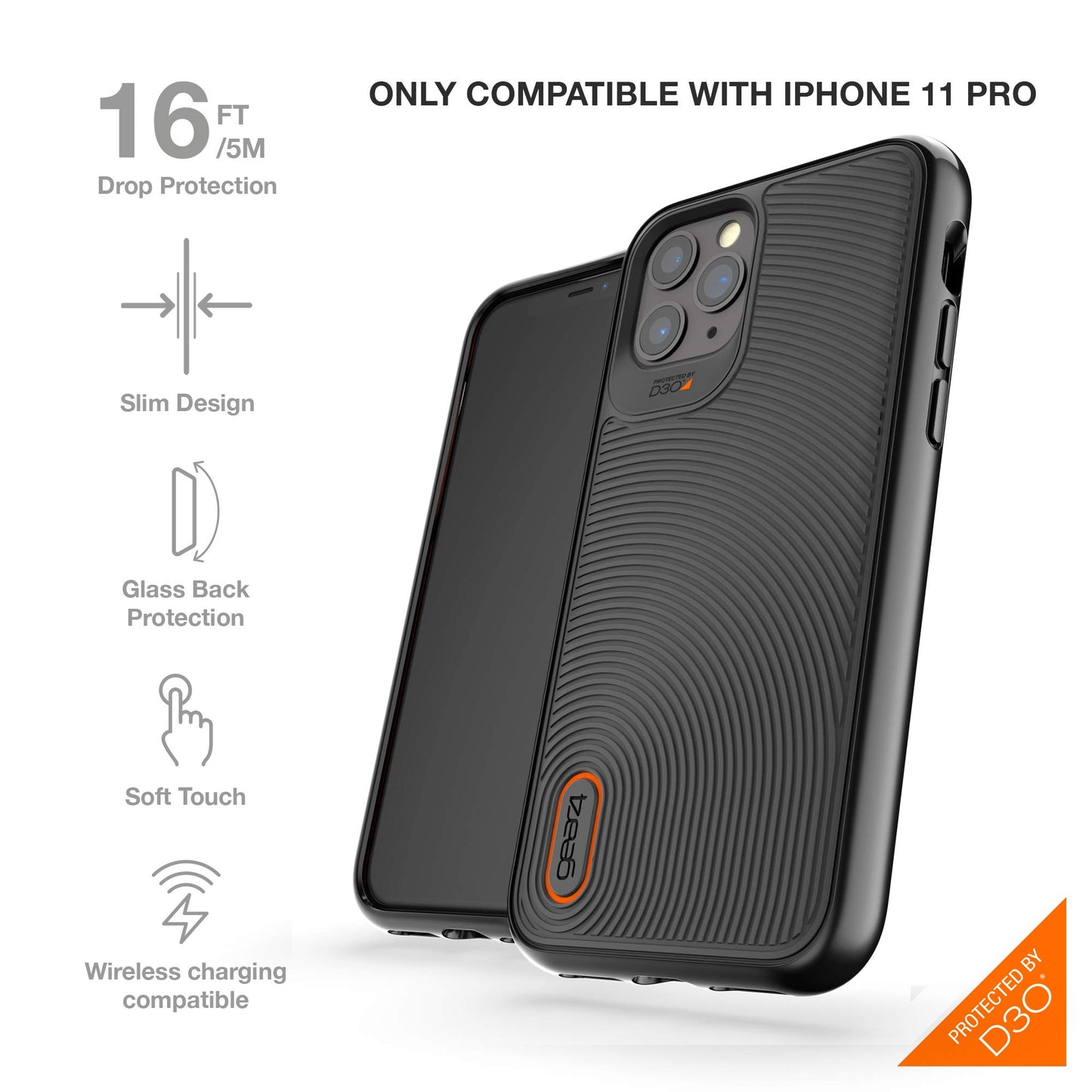 ZAGG Gear4 Battersea Compatible with iPhone 11 Pro Case, Advanced Impact Protection with Integrated D3O Technology Phone Cover - Black