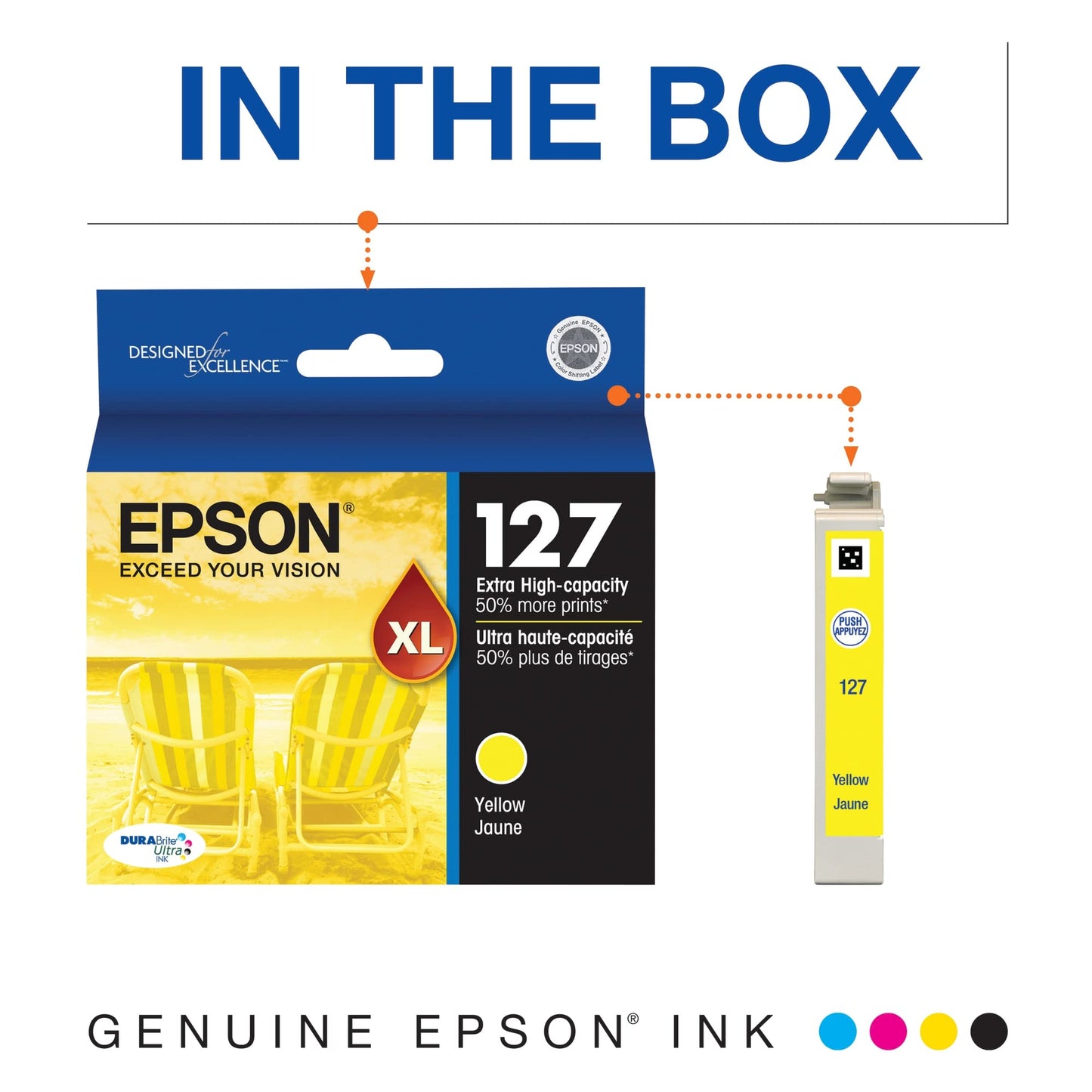 EPSON 127 DURABrite Ultra Ink Yellow Cartridge For NX-530, NX-625, WF-3520, WF-3530, WF-3540, WF-545, WF-60, WF-630, WF-633, WF-635, WF-645, WF-7010, WF-7510, WF-7520, WF-840, WF-845