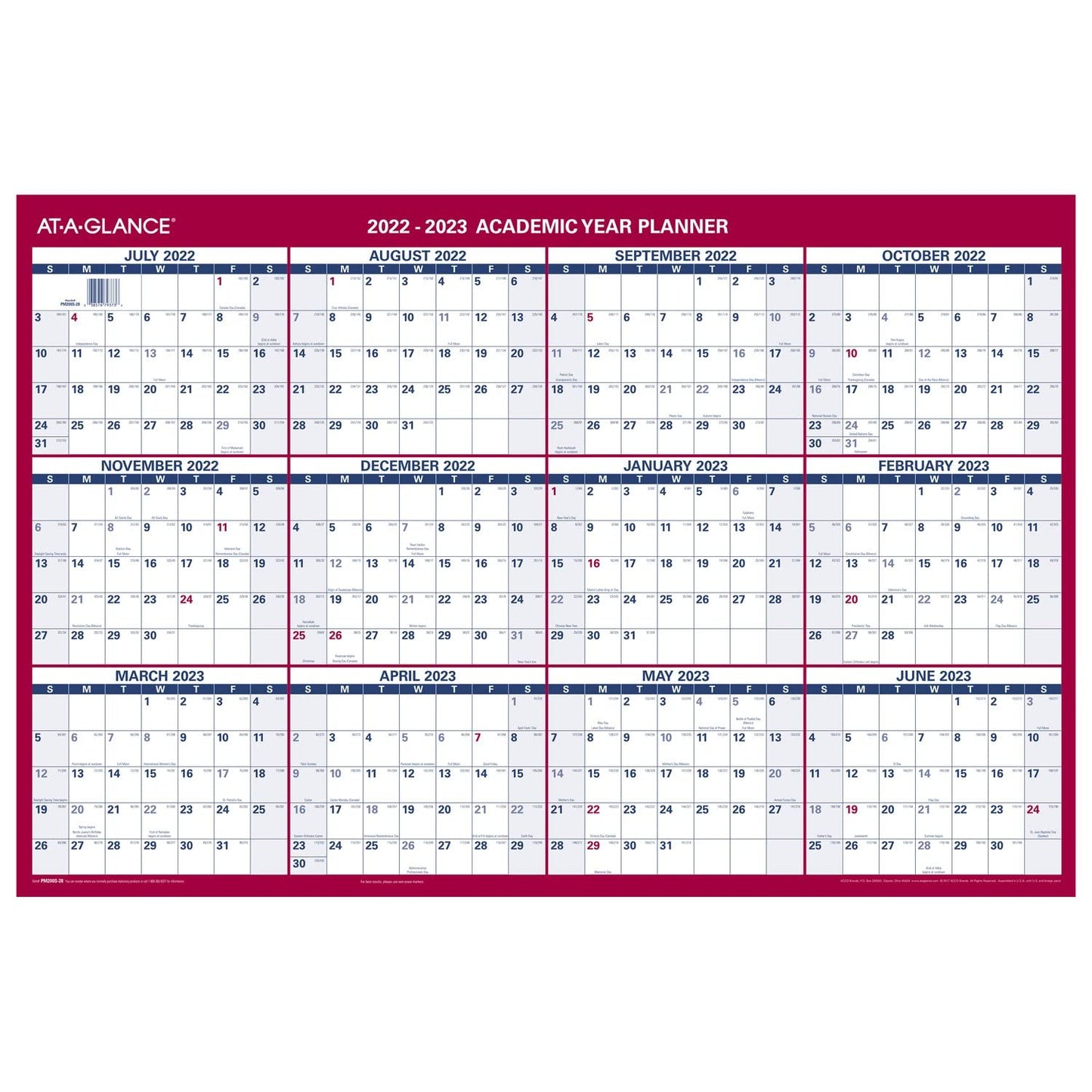 AT-A-GLANCE 2022-2023 Erasable Calendar, Dry Erase Wall Planner, 36" x 24", Large, Academic & Regular Year, Double Sided, Horizontal (PM200S28)