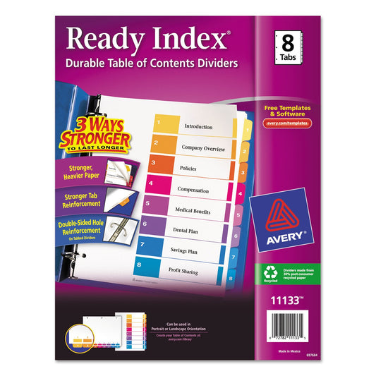 Avery 11133 Ready Index TOC Dividers, Tabs 1-8, Letter Size, Colors, 8 Tabs/St