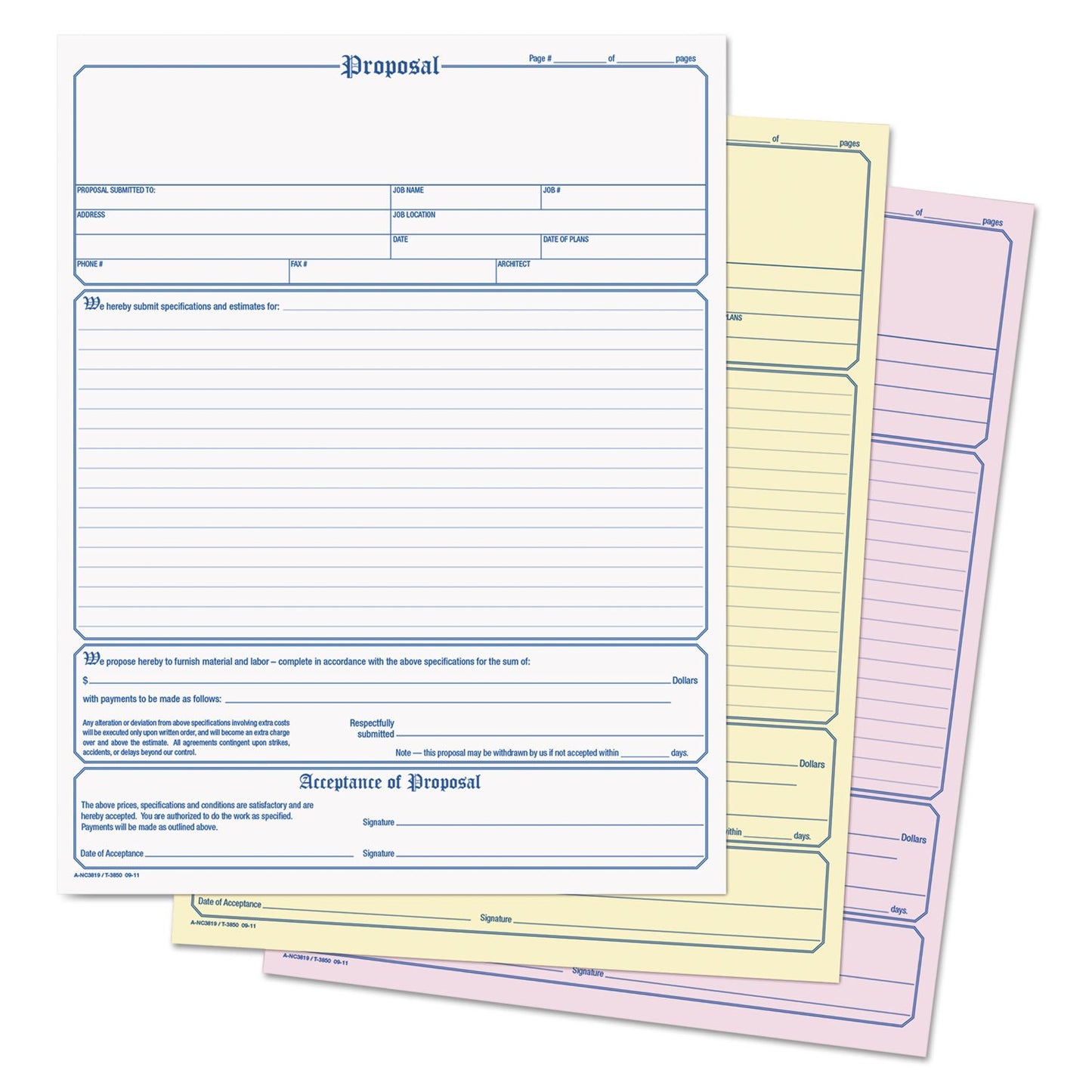 Adams Contractor's Proposal Forms, 8.5 x 11.44 Inch, 3-Part, Carbonless, 50-Pack, White, Canary and Pink (NC3819)