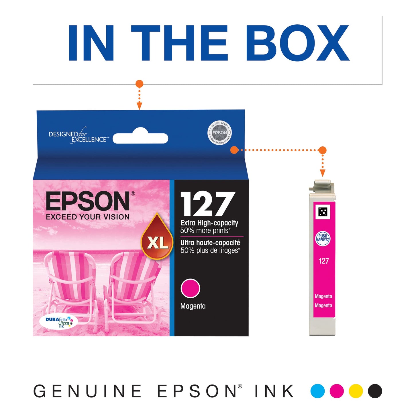 EPSON 127 DURABrite Ultra Ink Magenta Cartridge For NX-530, NX-625, WF-3520, WF-3530, WF-3540, WF-545, WF-60, WF-630, WF-633, WF-635, WF-645, WF-7010, WF-7510, WF-7520, WF-840, WF-845