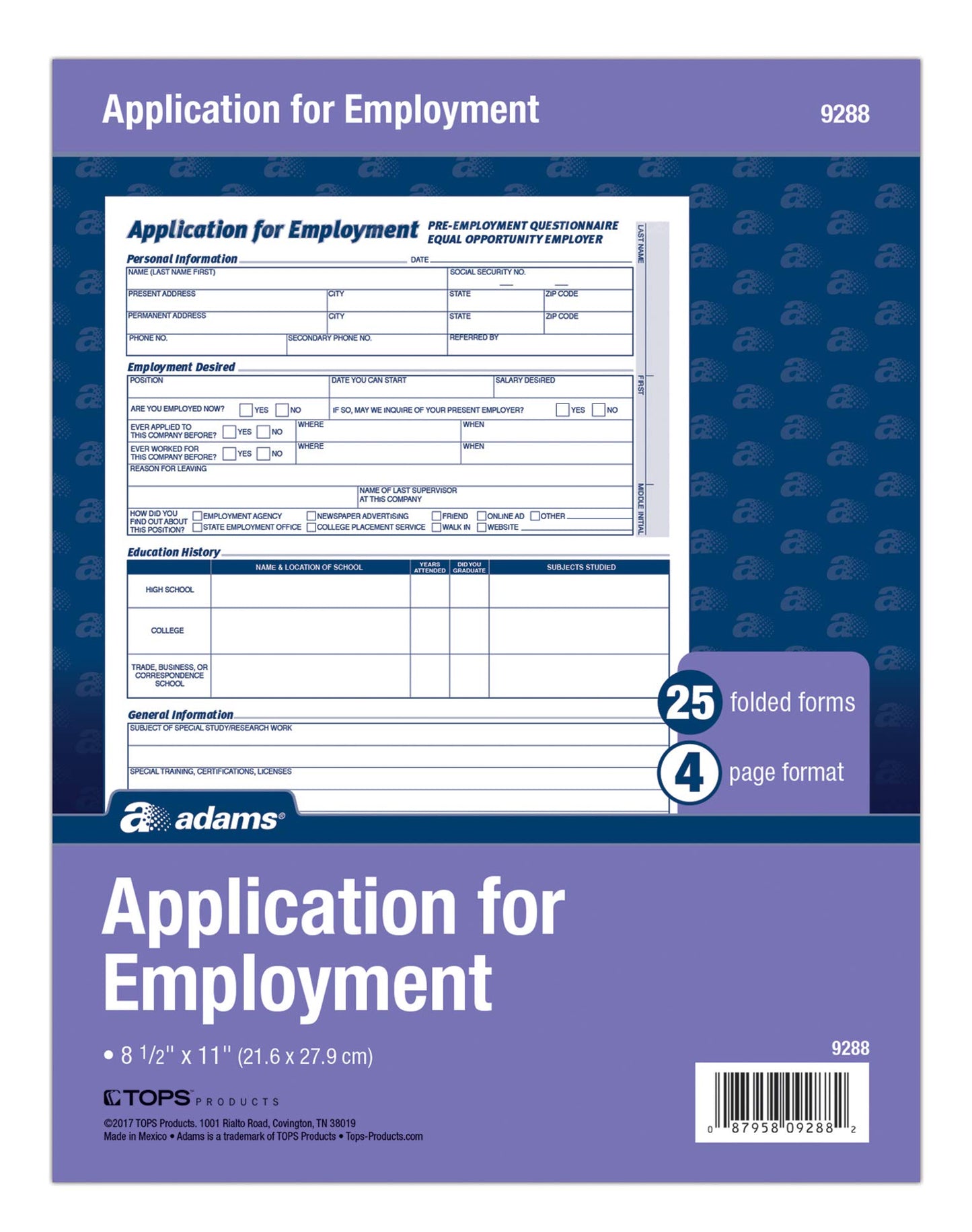 Adams Applications for Employment, 8.5 x 11 Inch, 25-Pack, White (9288ABF)