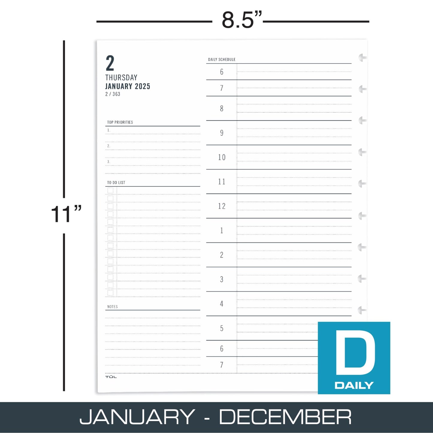 2025 TUL® Discbound Daily Planner Refill Pages, Letter Size, January To December