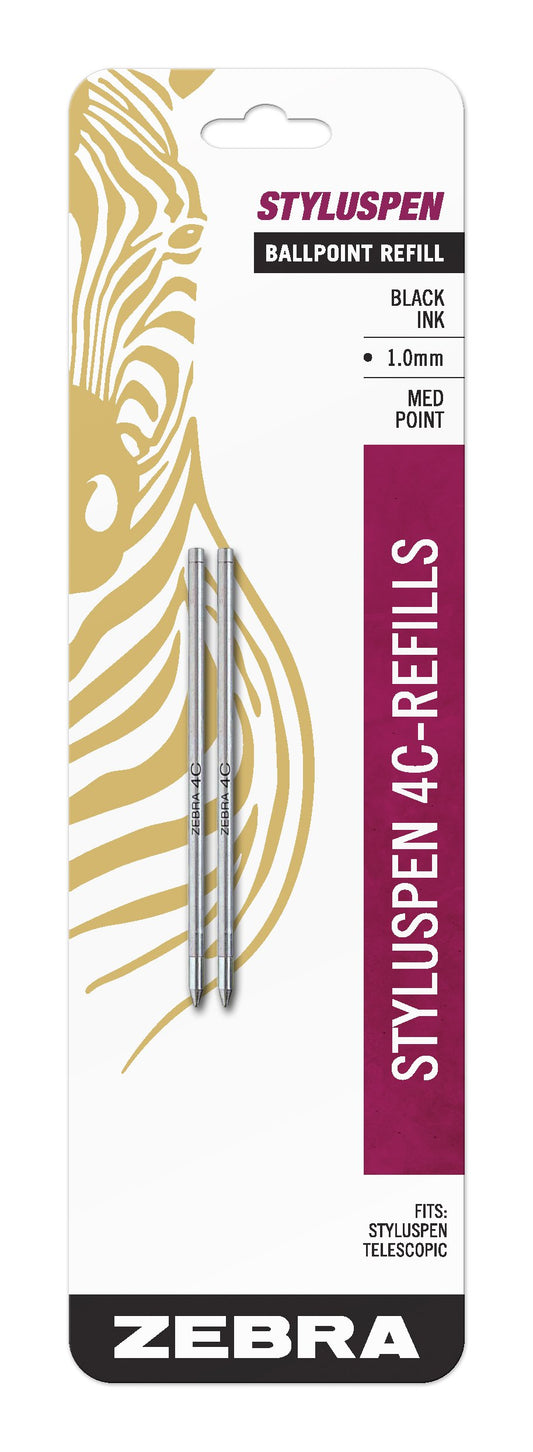 Zebra Pen StylusPen Telescopic Ballpoint 4C Refill, Medium Point, 1.0mm, Black Ink, 2-Count