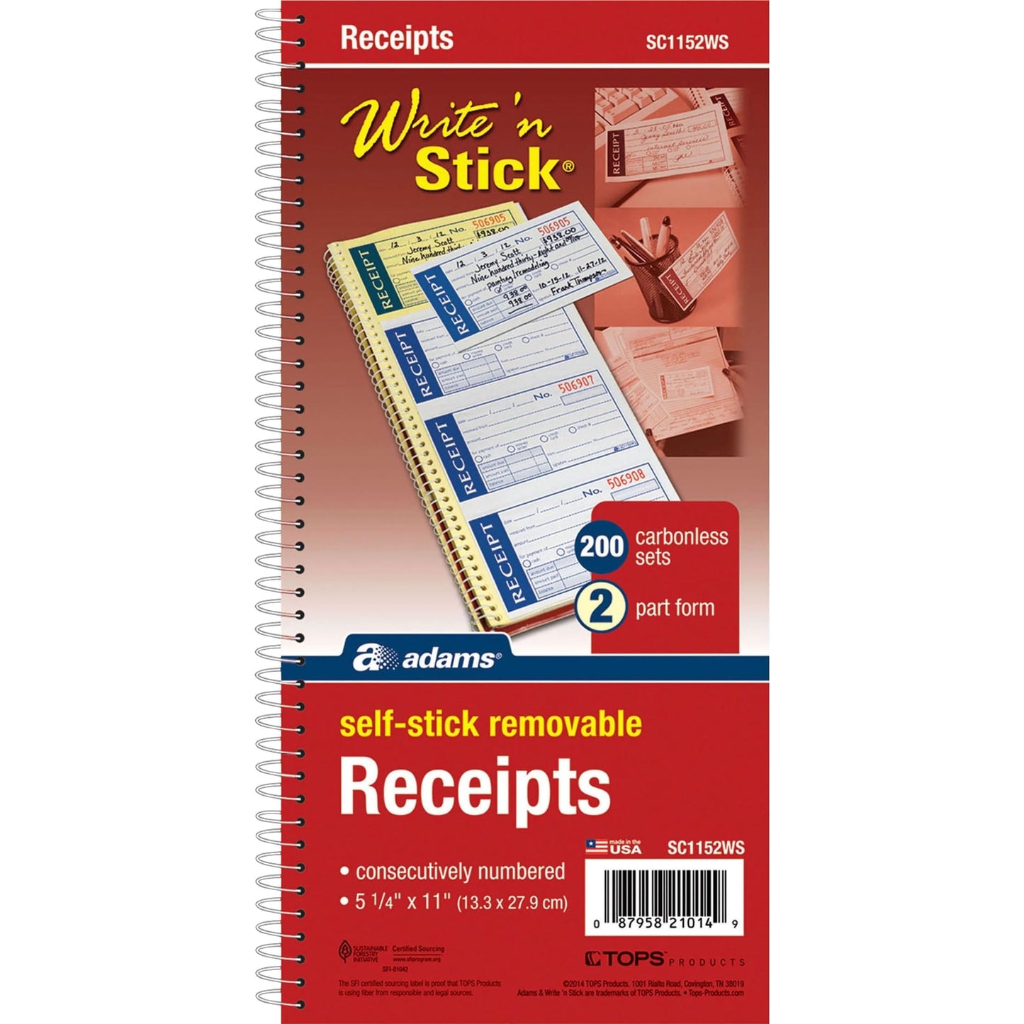 Adams Write n' Stick Receipt Book, 2-Part, Carbonless, White/Canary, 5-1/4" x 11", Spiral Bound, 200 Sets per Book, 4 Receipts per Page (SC1152WS)