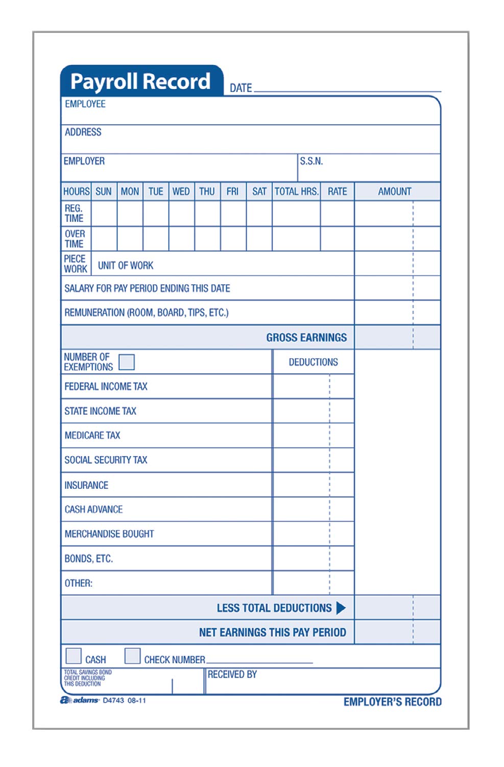 Adams Employee Payroll Record Book, 4.19 x 7.19 Inches, White and Canary, 2-Part, 55 Sets (D4743)