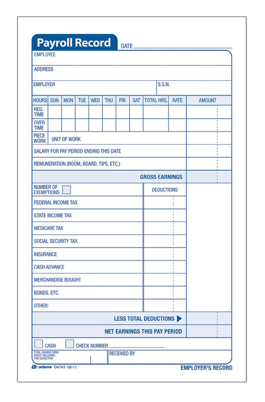 Adams Employee Payroll Record Book, 4.19 x 7.19 Inches, White and Canary, 2-Part, 55 Sets (D4743)