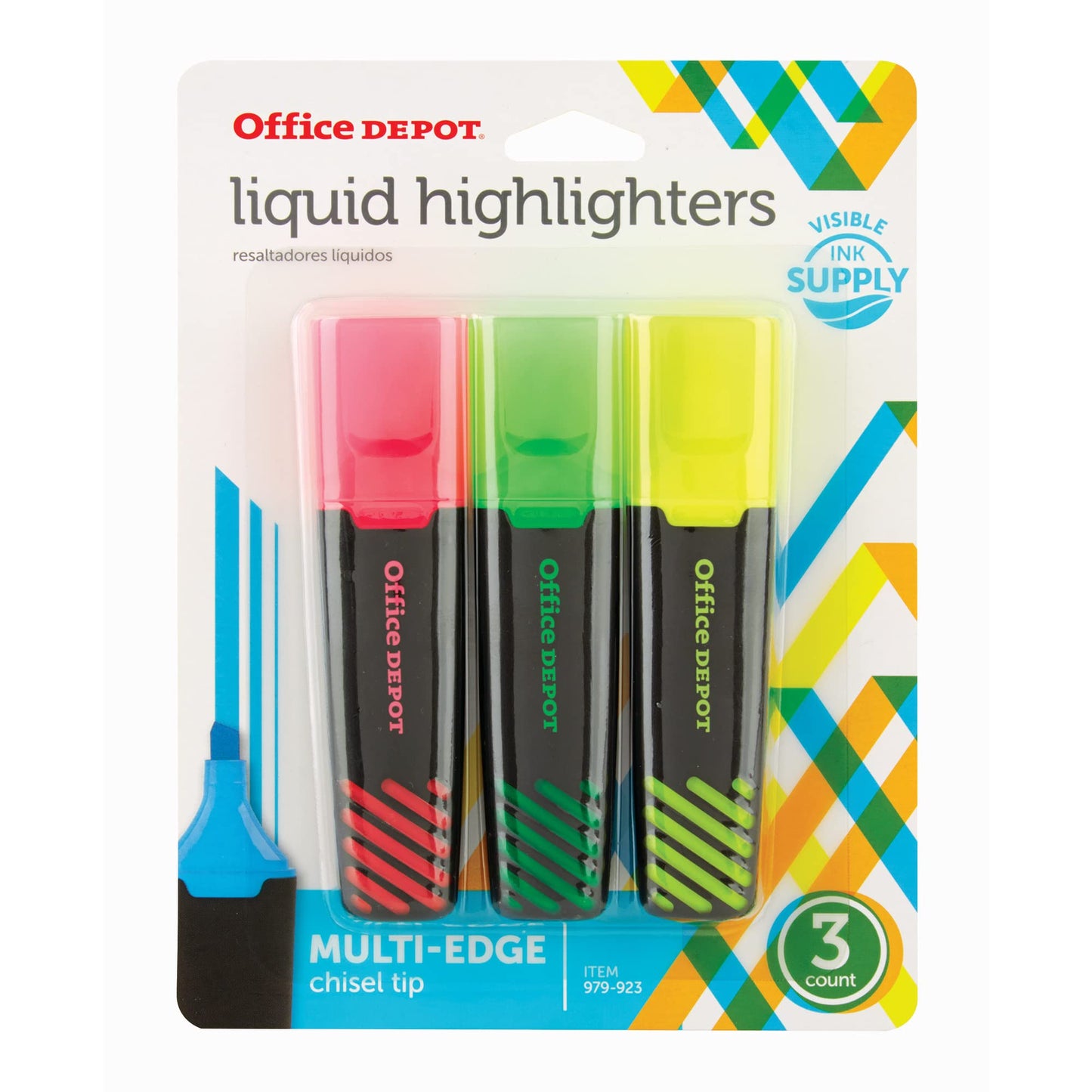 Office Depot® Brand Liquid Highlighters, Chisel Point, Black/Translucent Barrel, Assorted Ink Colors, Pack Of 3