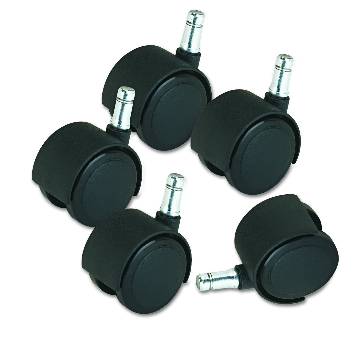 Deluxe Duet Hooded Carpet Casters, 7/16" Dia. x 7/8" Long and 3/8" Dia. x 7/8" Long Stems, 120 lbs./Caster, Matte Black Finish, 5/Set