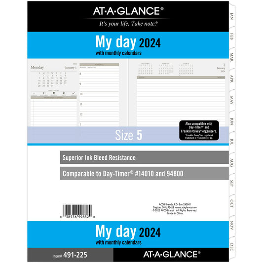AT-A-GLANCE 2024 Daily Planner Two Page Per Day Refill, 8-1/2" x 11", Folio Size, Loose-Leaf (491-225-24)