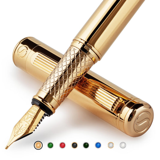 Scriveiner Luxury Fountain Pen - Stunning Gold Pen, 24K Gold Finish, Schmidt 18K Gilded Nib (Medium), Converter, Best Pen Gift Set for Men & Women, Professional, Executive, Office, Nice Pens