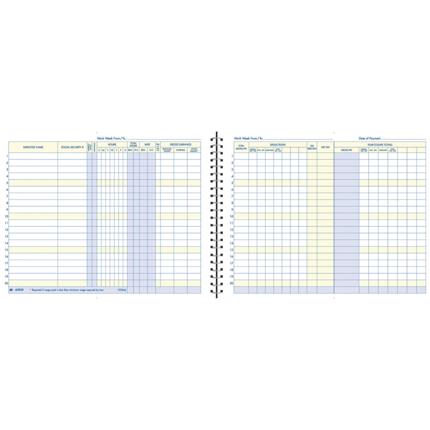 Adams Weekly Payroll Record, 20 Employee Capacity, Spiral Binding, 11 x 8.5 Inches, White, (AFR50)