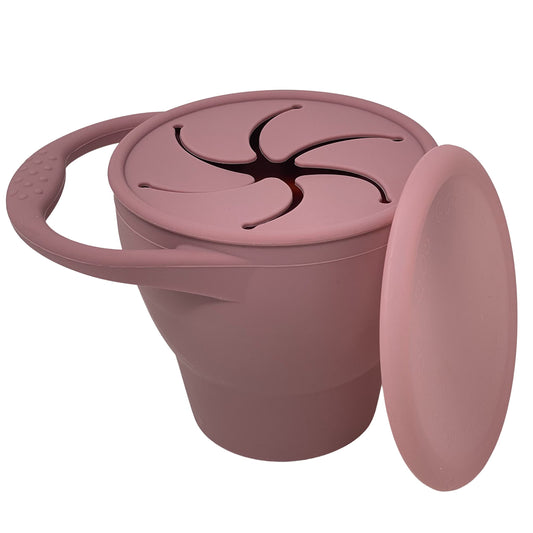 BraveJusticeKidsCo | Snack Attack Snack Cup | Collapsible Silicone Snack Container | Toddler and Baby Snack Catcher Lid (Dusty Rose)