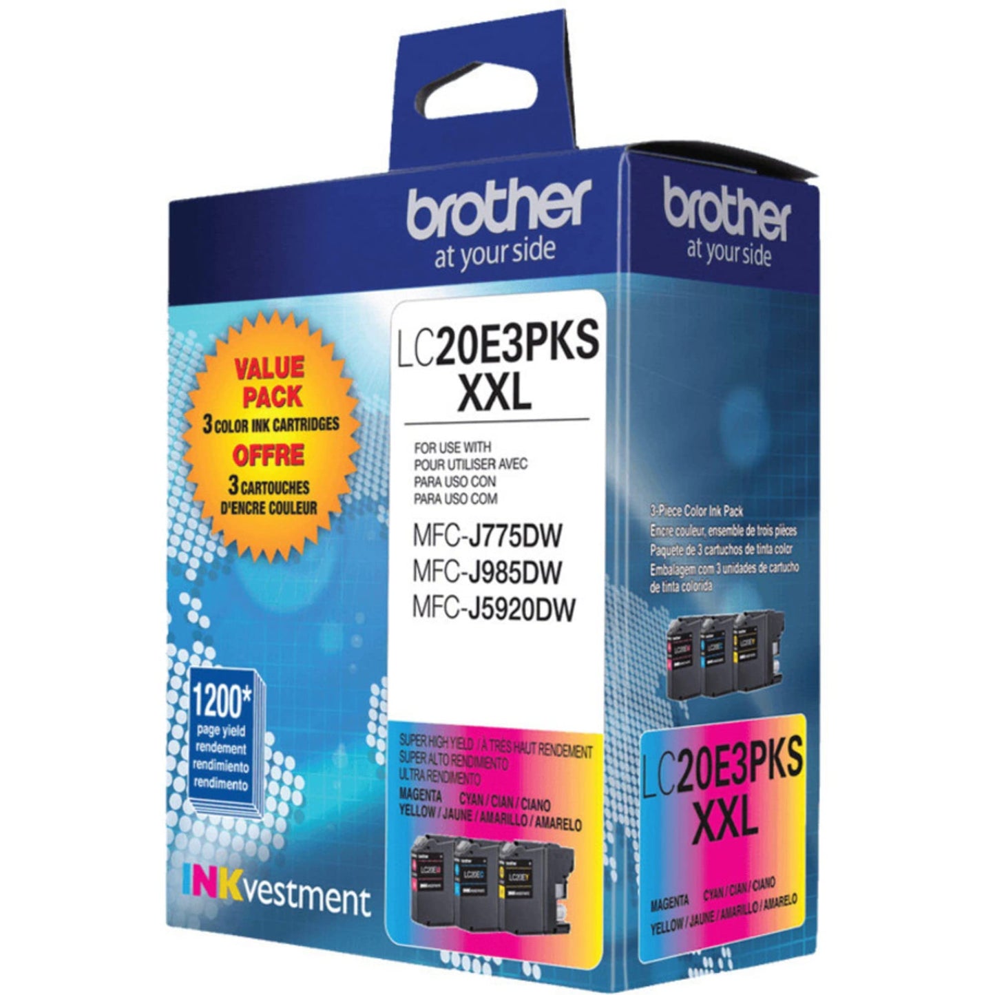 Brother Genuine High Yield Color Ink Cartridge, 3 Pack of LC20E, Replacement Color Ink Three Pack, Includes 1 Cartridge Each of Cyan, Magenta & Yellow, Page Yield Up to 1200 Pages/Cartridge, LC20E