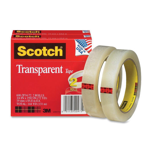 Wholesale CASE of 15 - 3M Scotch Transparent Glossy Office Tape-Transparent Tape, 3" Core, 3/4"x2592", 2/PK