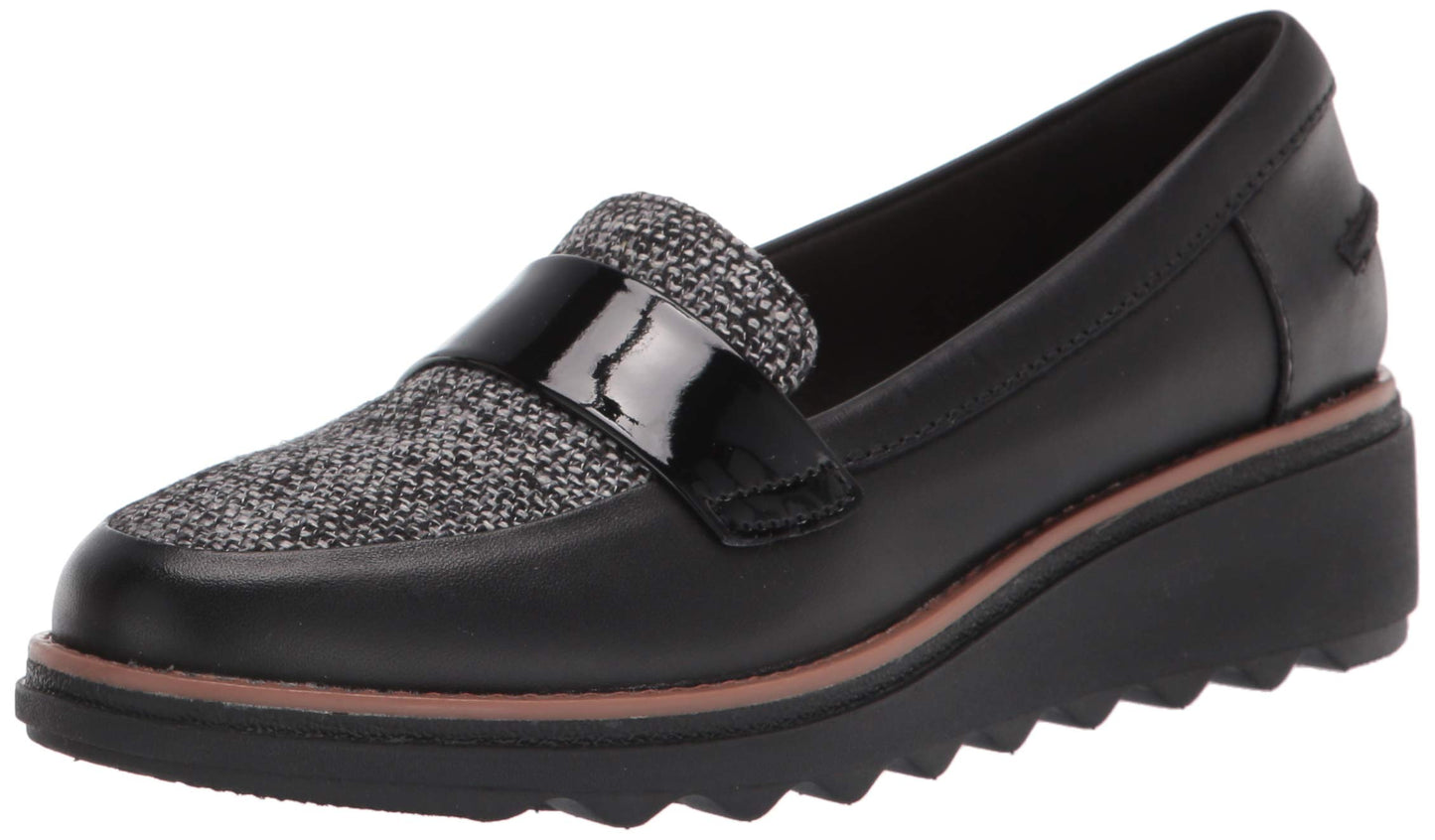 Clarks womens Sharon Gracie Penny Loafer, Black Leather/Tweed, 5.5 US