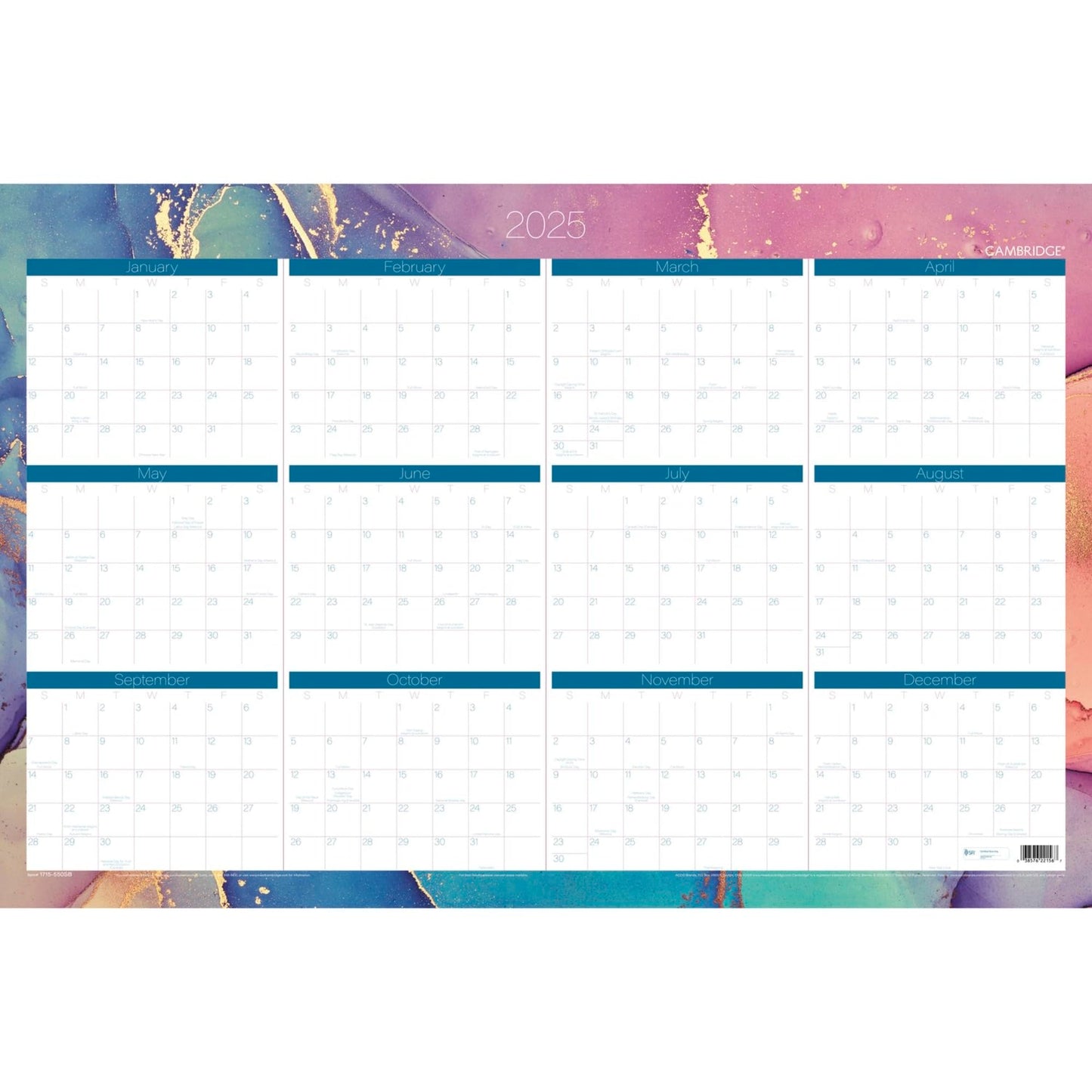 2024-2025 Cambridge® Chromatic Reversible Academic/Regular Year Wall Calendar, 24" x 36", July 2024 To June 2025, 1715-550SB