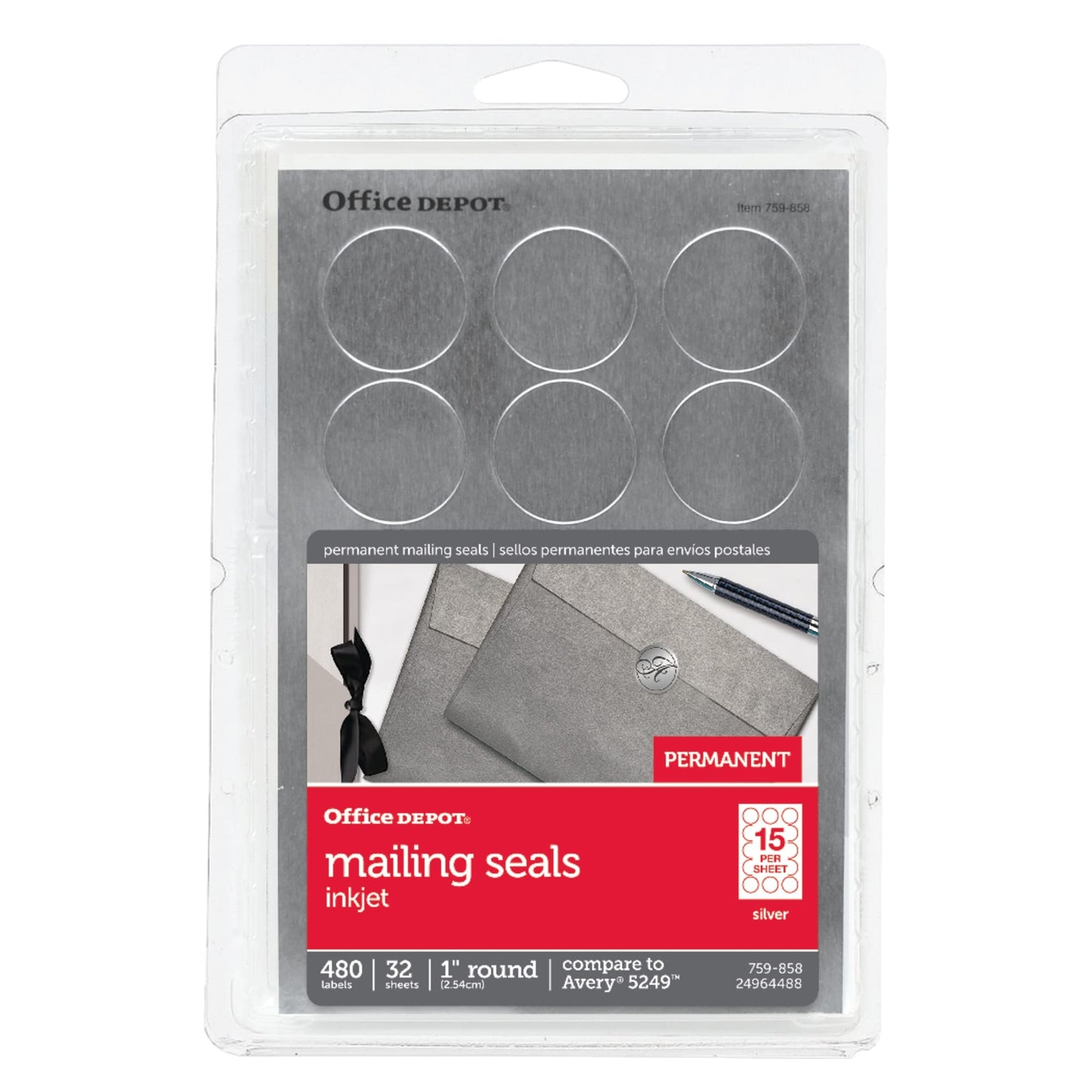 Office Depot Print-Or-Write Permanent Mailing Seals, 1in. Diameter, Silver, Pack Of 480, OD98777