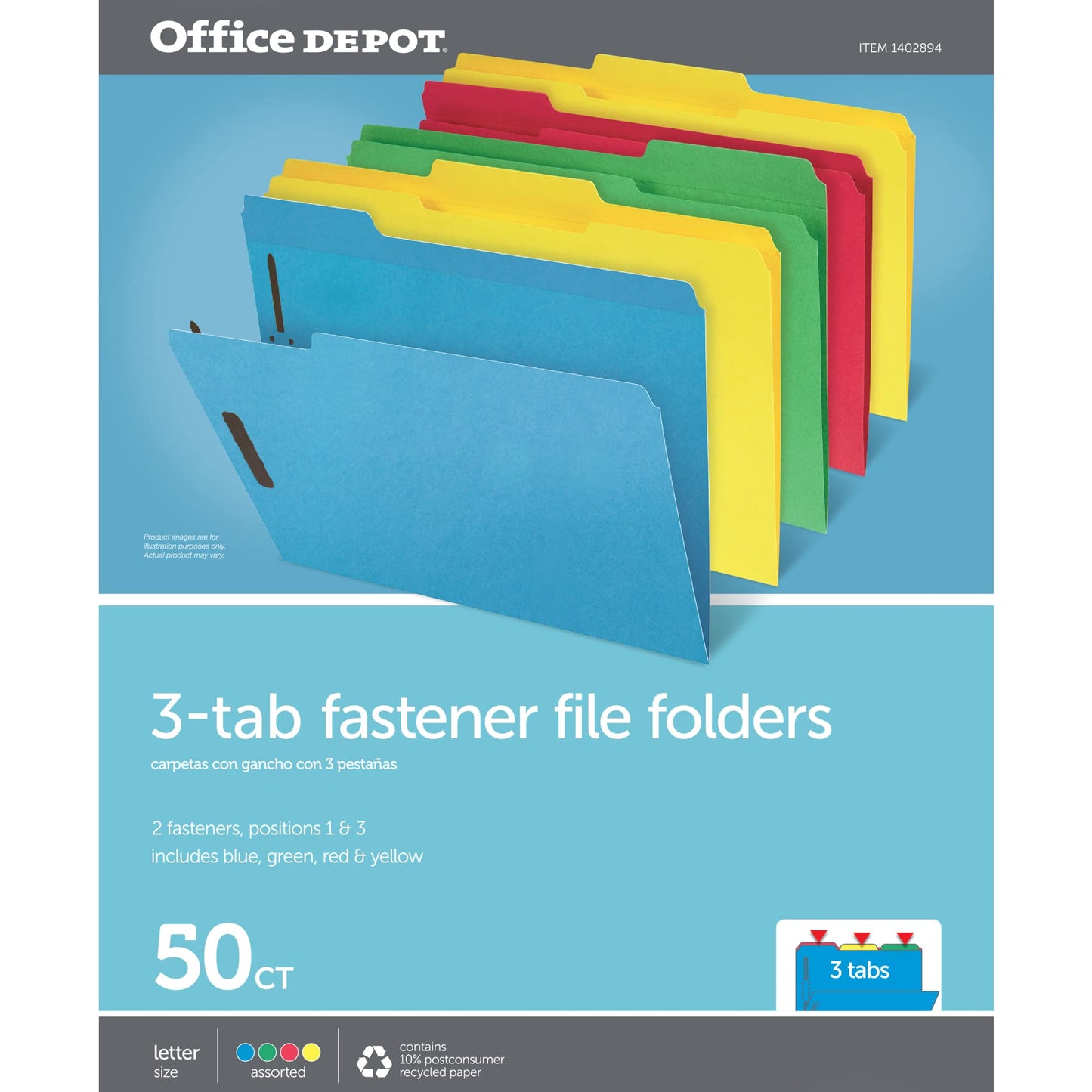 Office Depot� Brand File Folders with 2 Fasteners, 1/3 Tab, Letter Size, Assorted Colors, Pack of 50