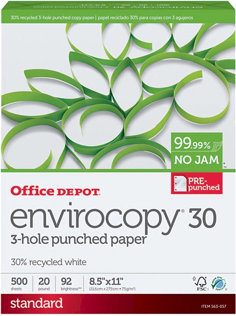 Office Depot EnviroCopy 3-Hole Punched Copy Laser Inkjet Printer Paper, 30% Recycled, 8 1/2 x 11 inch Letter Size, Punch, 20 lb. Density, 92 Bright White, Pre-Punched, Ream, 500 Total Sheets (563057)