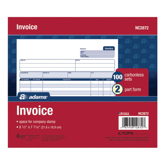 Adams Invoice Book, 2-Part Carbonless, 8-1/2" x 7-7/16", 50 Sets per Book (NC2872), White/Canary