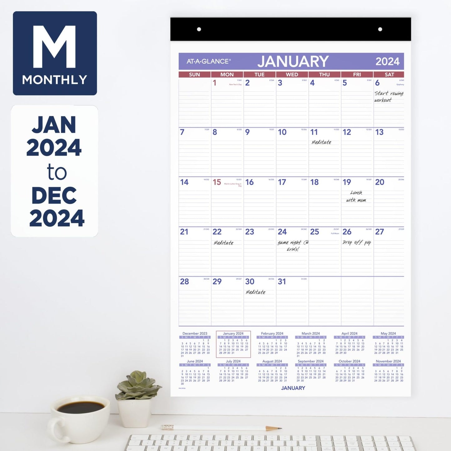 2024 AT-A-GLANCE® Repositionable Wall Calendar With Adhesive Backing, 15-1/2" x 22-3/4", January To December 2024, PM17RP28