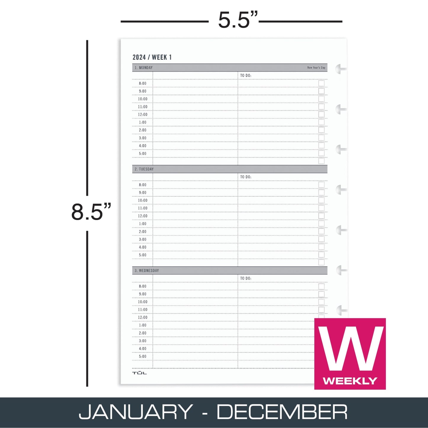 2024 TUL® Discbound Weekly Planner Refill Pages, Hourly Appointment Times, Junior Size, January To December