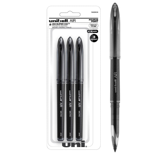 Uniball Air 3 Pack in Black, 0.7mm Medium Rollerball Pens, Try Gel Pens, Colored Pens, Office Supplies, Colorful Pens, Blue Pens Ballpoint Pens, Fine Point, Smooth Writing Pens