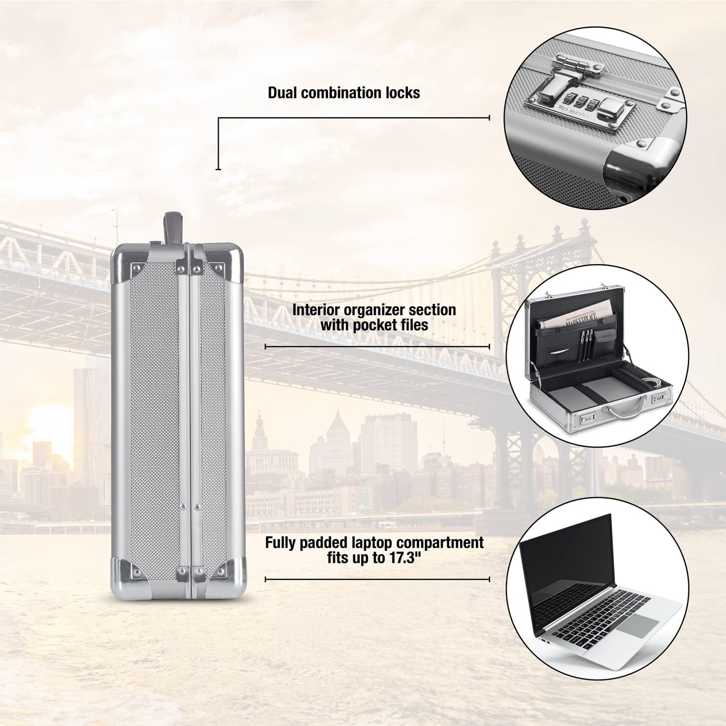 Solo Fifth Avenue Aluminum Attach� Briefcase With Combination Locks, Silver