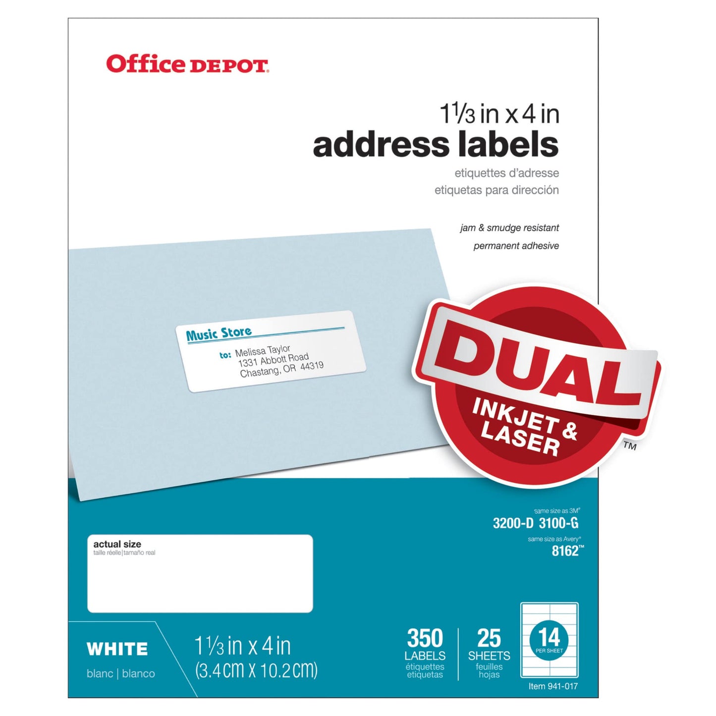 Office Depot White Inkjet/Laser Address Labels, 1 1/3in. x 4in., Pack of 350, 505-O004-0018