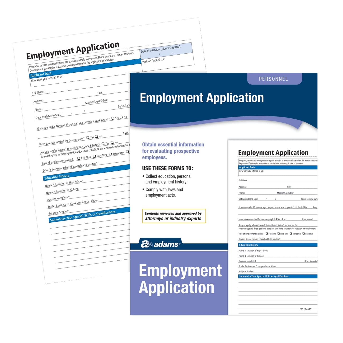 Adams Application for Employment, Forms and Instructions, 50 Forms per Pack (HR104) , White