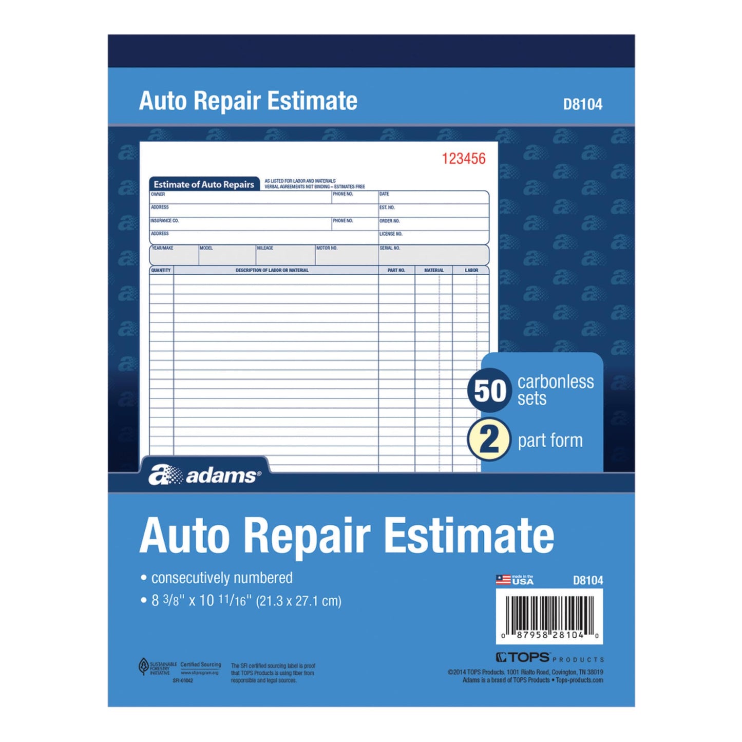 Adams Auto Repair Estimate Book, 2-Part, Carbonless, White/Canary, 8-3/8 x 10-11/16 Inches, 50 Sets per Book (D8104)