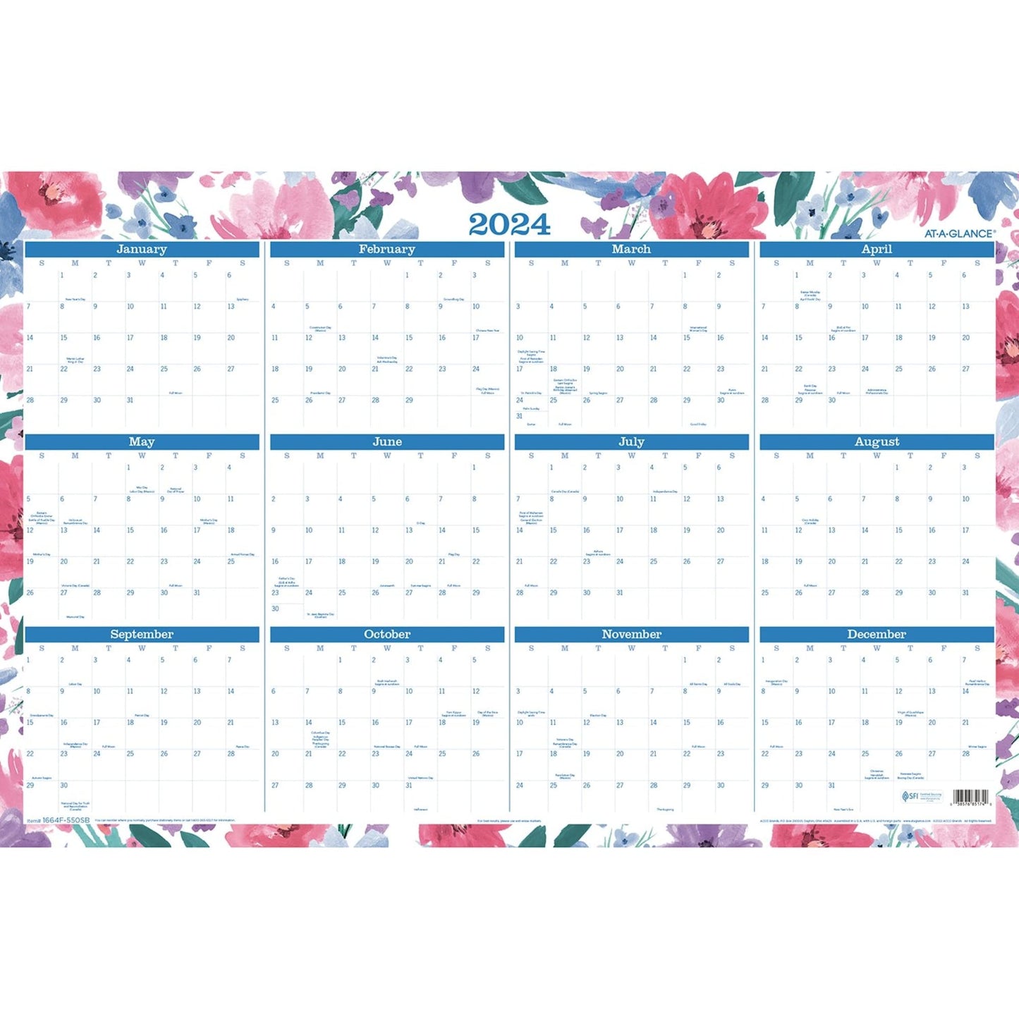 AT-A-GLANCE 2023-2024 Erasable Wall Calendar, 24" x 36", Large, Academic & Regular Year, Dry Erase, Reversible, Vertical/Horizontal, Badge Floral (1664F-550SB)