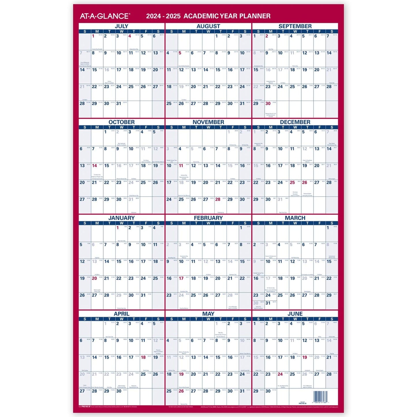 AT-A-GLANCE 2024-2025 Erasable Calendar, Dry Erase Wall Planner, 24" x 36", Large, Academic & Regular Year, Double Sided, Vertical (PM210S2825)