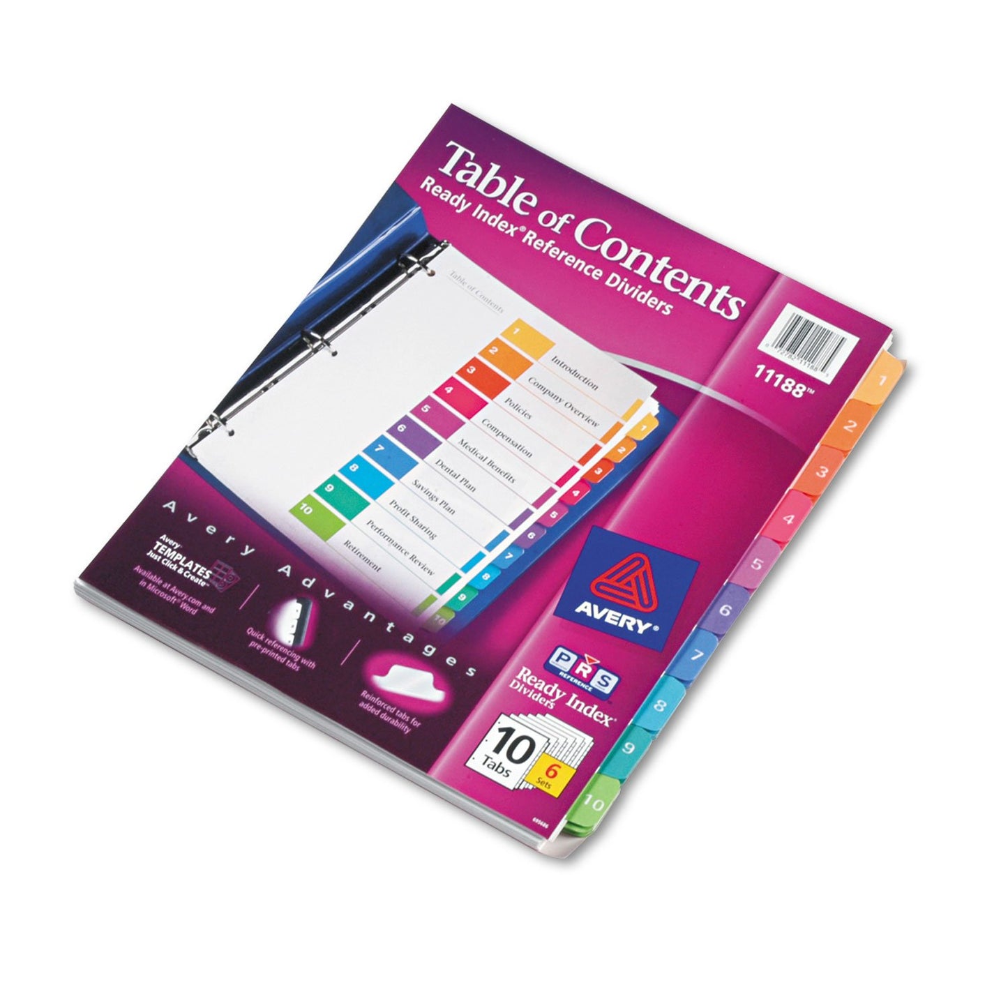 Avery 10-Tab Dividers for 3 Ring Binders, Customizable Table of Contents, Multicolor Tabs, 6 Sets (11188)