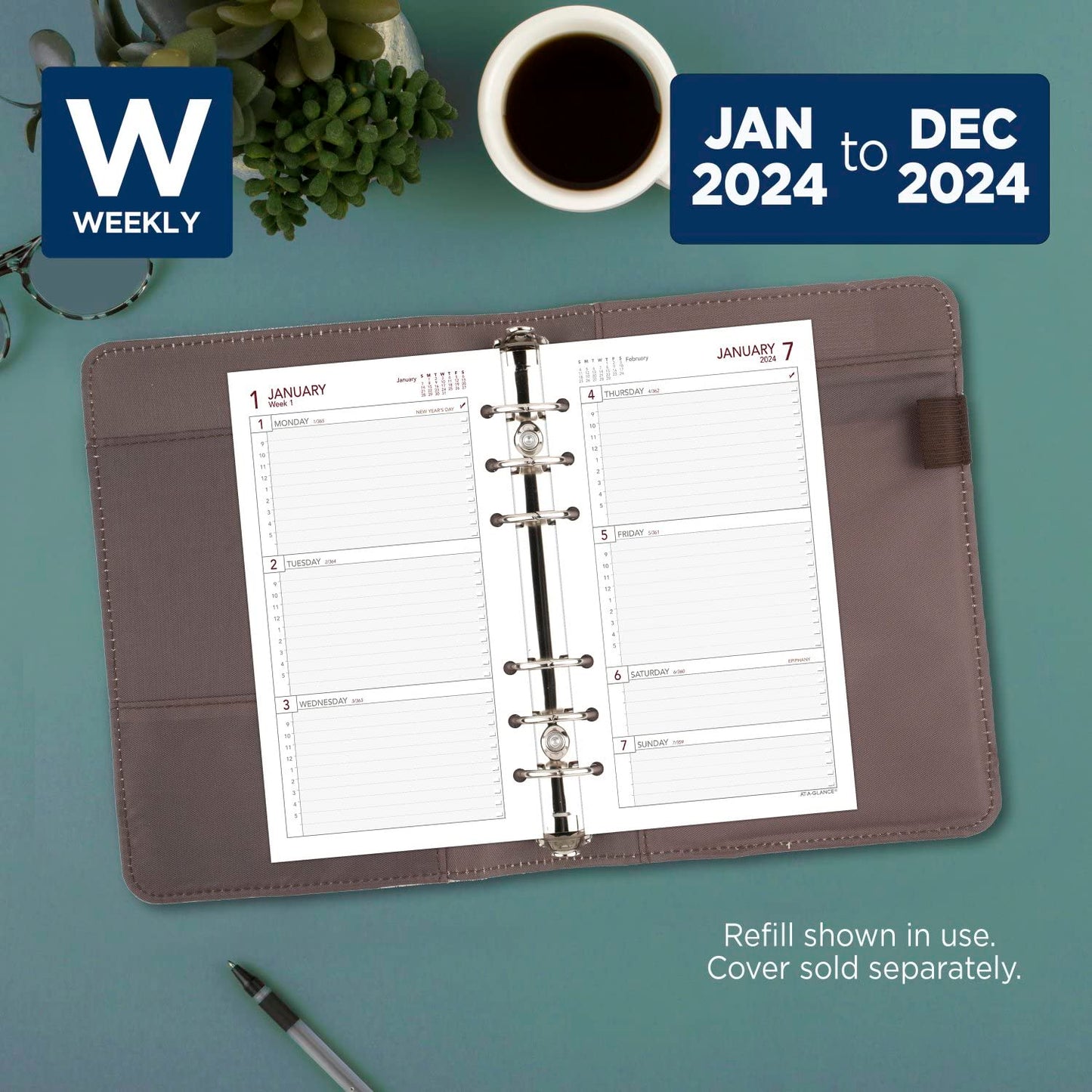 AT-A-GLANCE 2024 Planner Refill, Weekly, 3-3/4" x 6-3/4", Portable Size 3, Loose-Leaf (063-285Y)