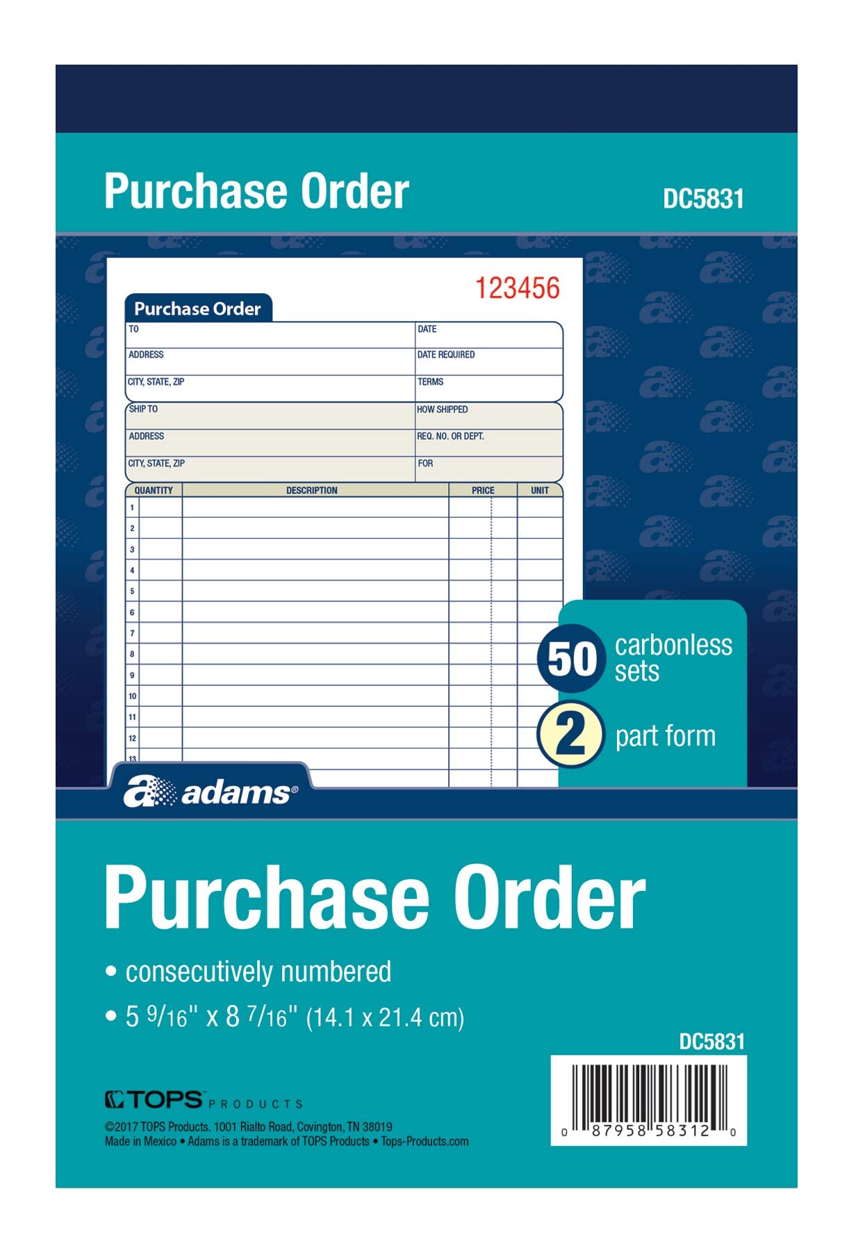 Adams Purchase Order Book, 2-Part Carbonless, White/Canary, 5-9/16 x 8-7/16 Inches, 50 Sets (DC5831)