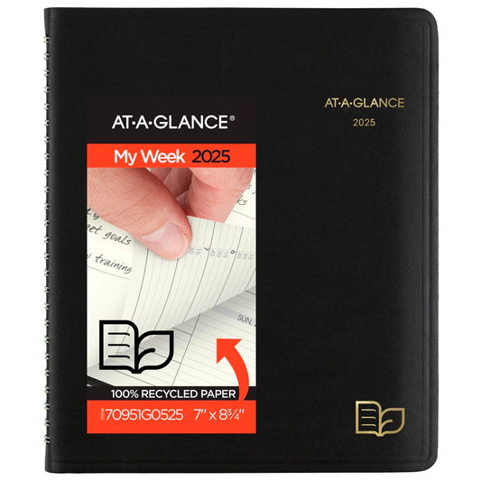 AT-A-GLANCE 2025 Appointment Book Planner, Weekly & Monthly, 7" x 8-3/4", Medium, Quarter-Hourly, Recycled, Black (70951G0525)