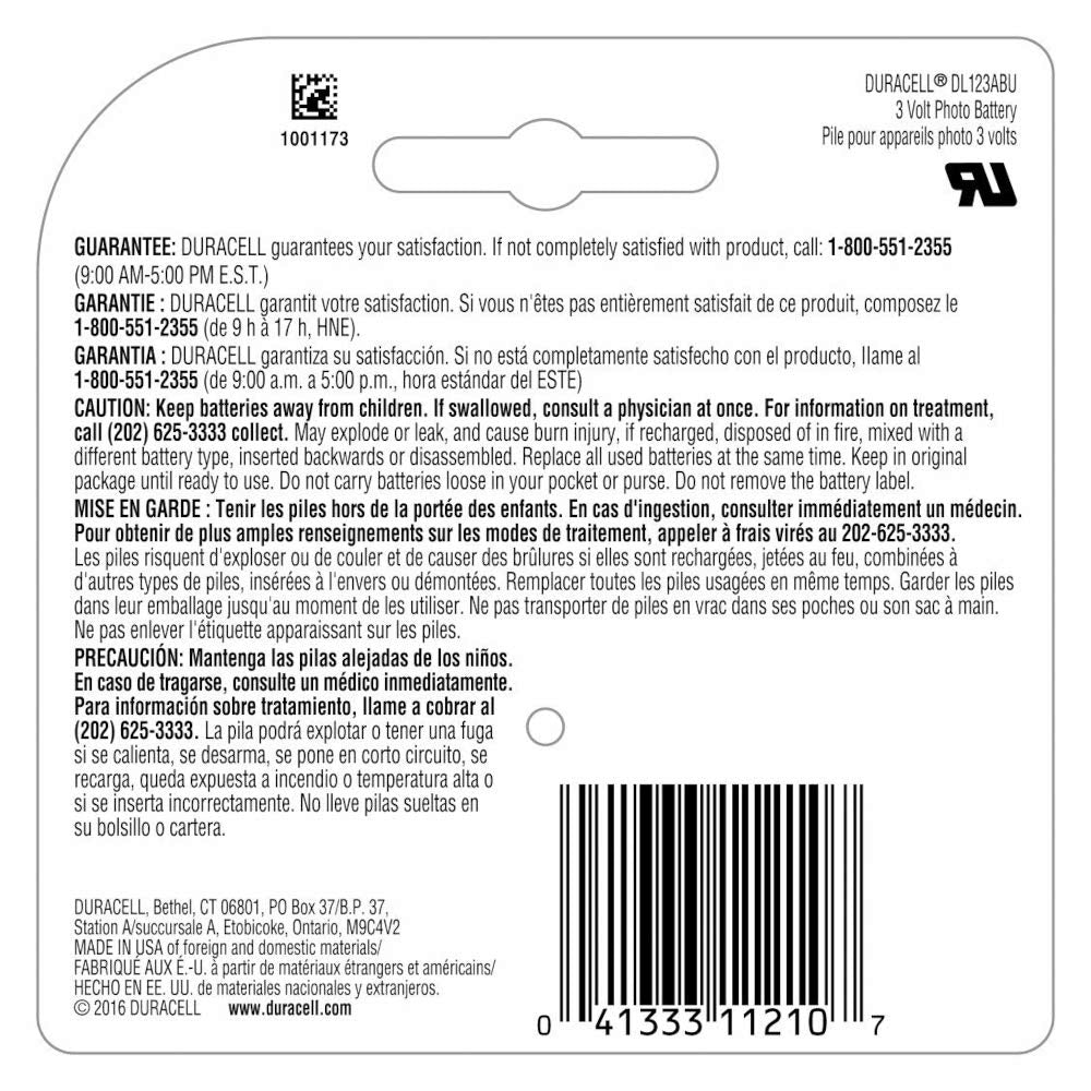 Duracell 123 High Performance 3V Lithium Battery, 2 Pack