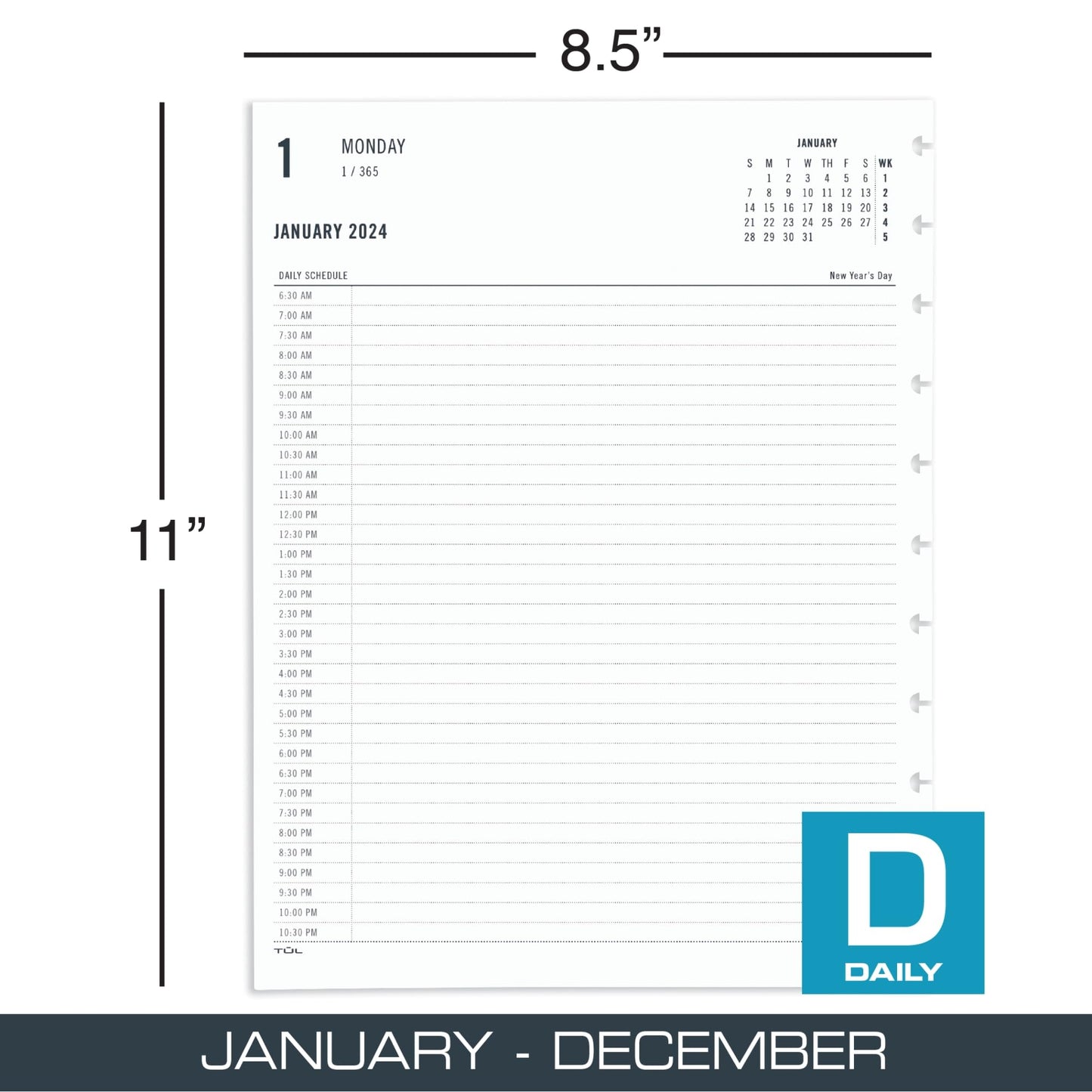 2024 TUL® Discbound Daily Planner Refill Pages, Half-Hourly Appointment Times, Letter Size, January to December