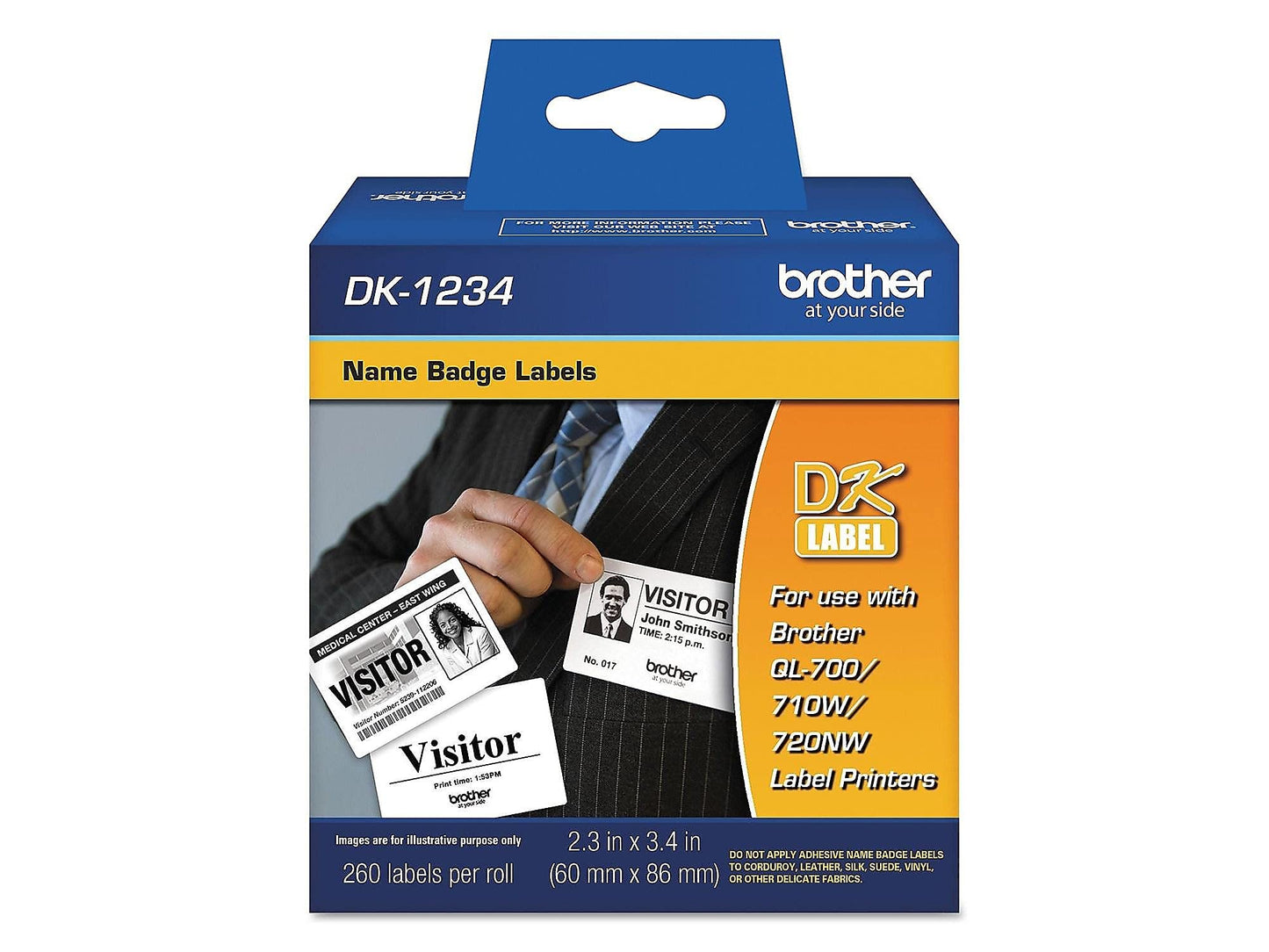 Brother Genuine DK-1234 Die-Cut Adhesive Name Badge White Paper Labels for Brother QL Label Printers, 2.3" x 3.4" (60mm x 86mm), 260 Labels per Roll, DK1234