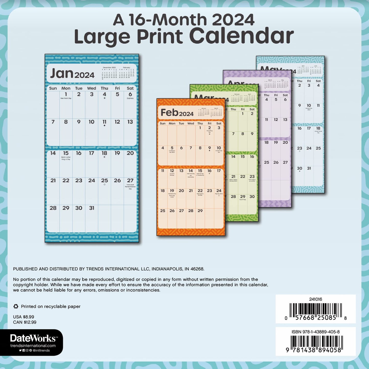 2024 Large Print Mini Wall Calendar