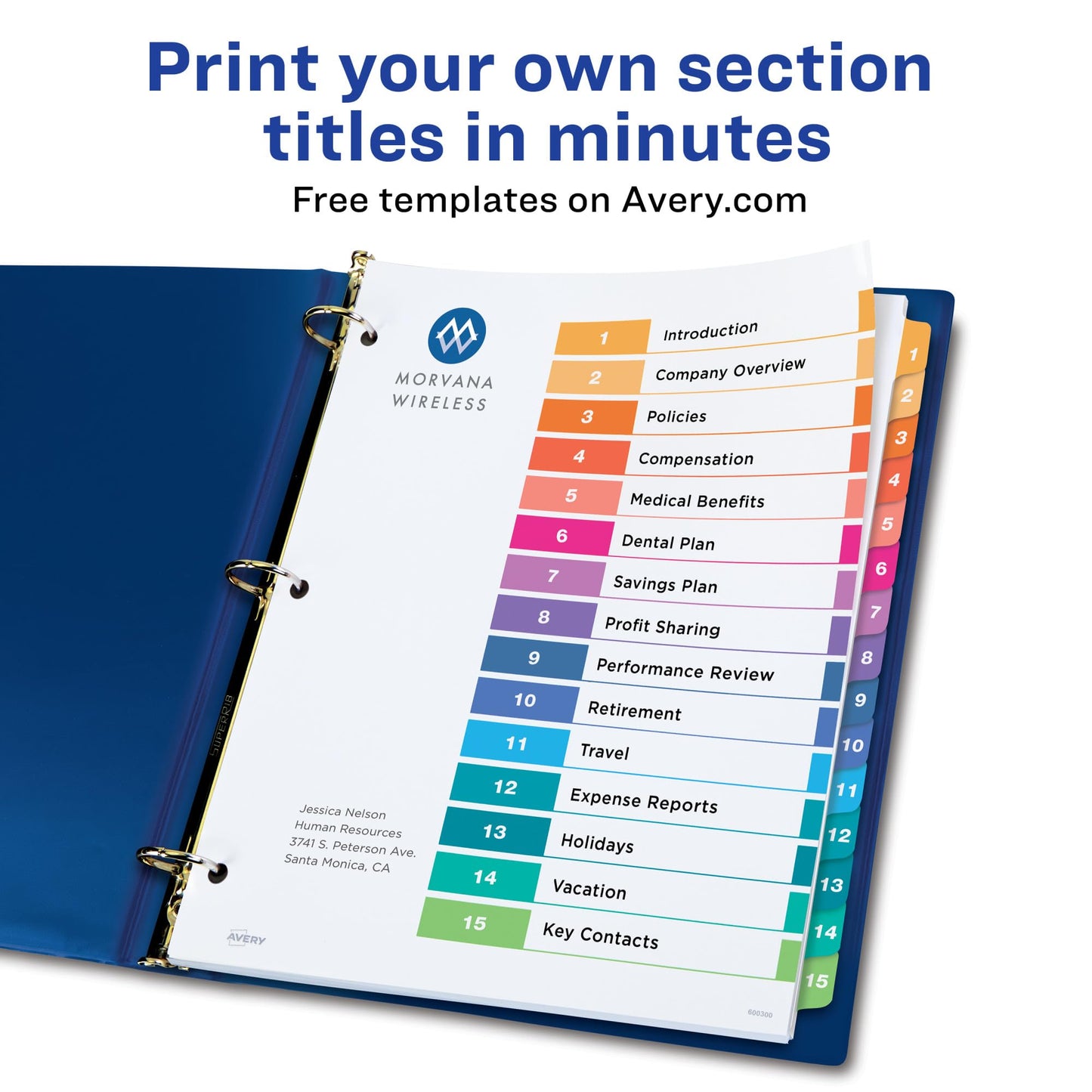 Avery 15 Tab Dividers for 3 Ring Binders, Customizable Table of Contents, Multicolor Tabs, 1 Set (11143)