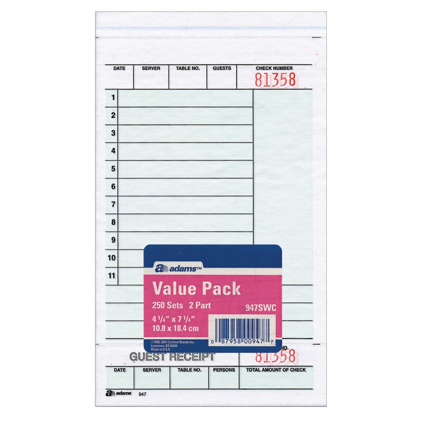 Adams® Guest Check Books, 2-Part, 4 1/4" x 7 1/4", 5 Pads Of 50 Sets Each (250 Guest Checks Total)