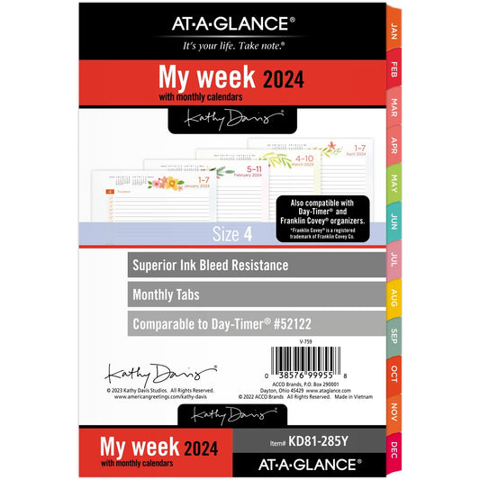 AT-A-GLANCE 2024 Weekly & Monthly Planner Refill, 52122 Day-Timer, 5-1/2" x 8-1/2", Size 4, Desk Size, Kathy Davis (KD81-285Y-24)
